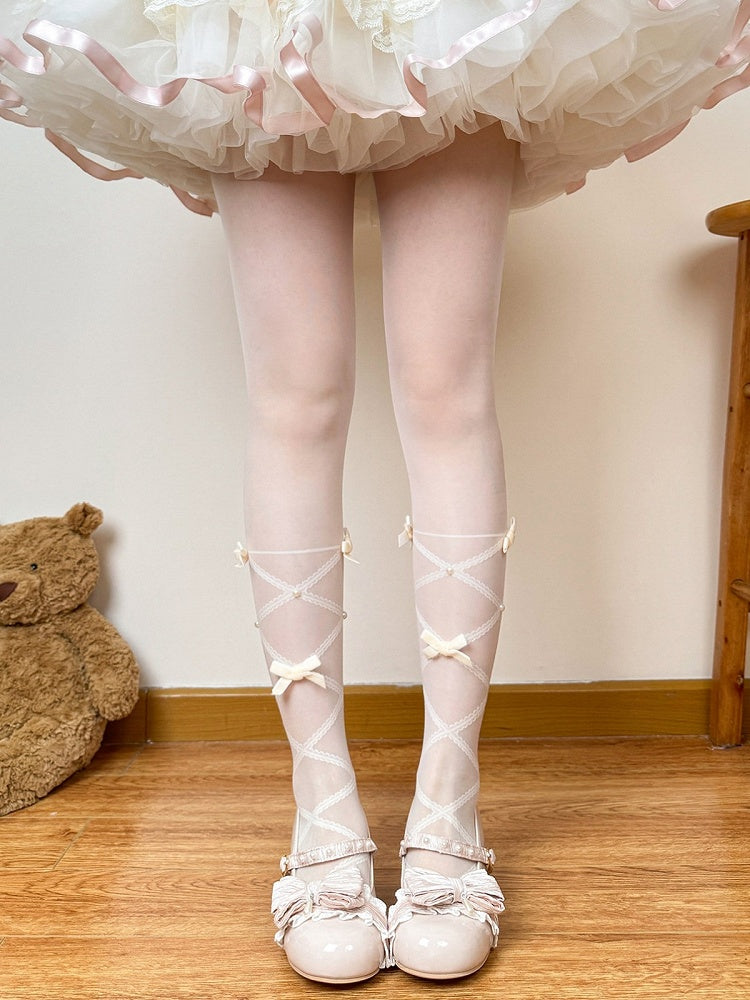 Lolita Tights in Beige & Pink with Bow & Cross Band Motif - Fat Bear Story