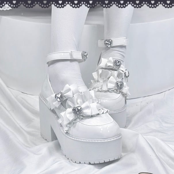 with Landmine Matte 10cm Heel Platform Rhinestones Chunky Glitter White Bowknot Shoes Style Heart