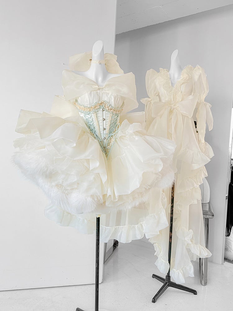 Light Yellow Basque Waist Big Bow Neckline Princess Birthday Dress