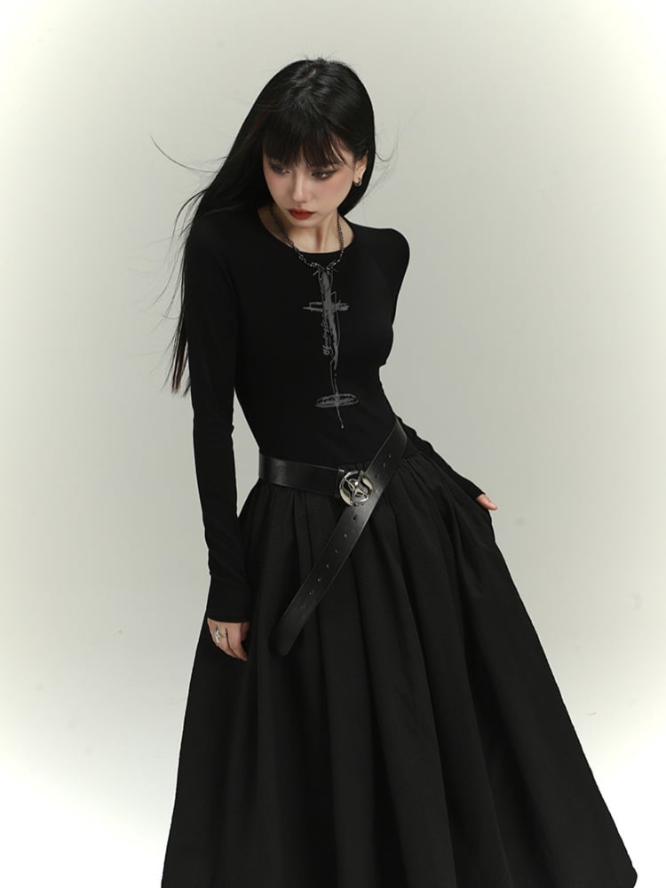 Gothic Black Backless/Covered-Back Round Neck Slim-fitting Dress