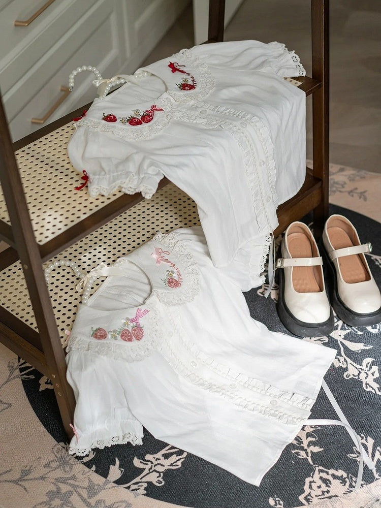 White Strawberry Lolita with Embroidery Short-Sleeve Ruffled Red Blouse