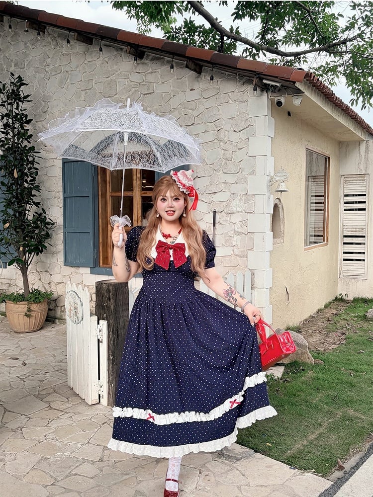 Plus Size Dark Blue Polka Dot Dress with Red Bow & Lace - Hard Candy