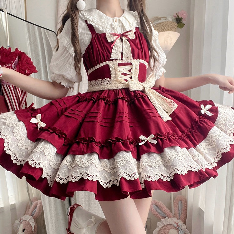 Trim Ruffle Lolita Red Pleated Skirt Summer and Jumper