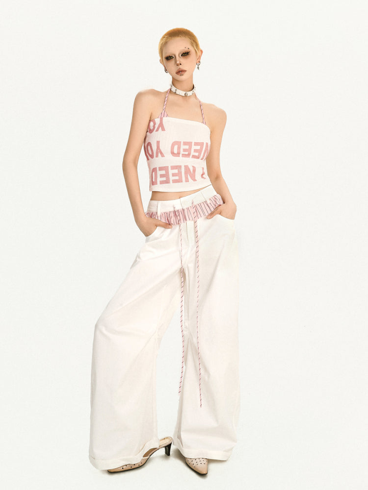 White Faux Two-piece Wide-Leg Pants with Pink-Black Striped Ruffle Trim