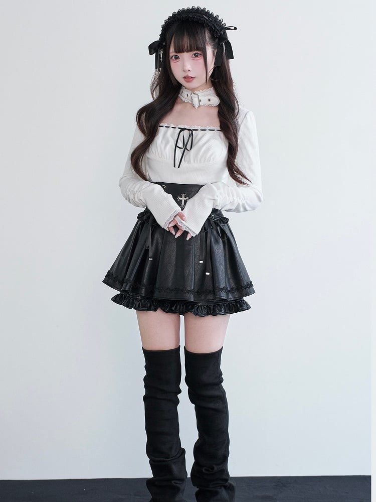 Cross Black Kei Lace-Up Skirt Jirai Decor Bow Ruffled Leather
