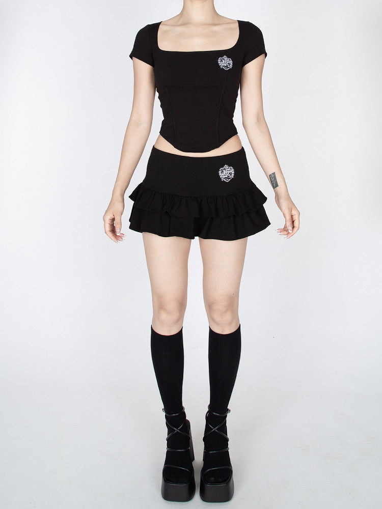 レッド/ブラック ローウエスト ティアードフリル グラマラス ミニスカート