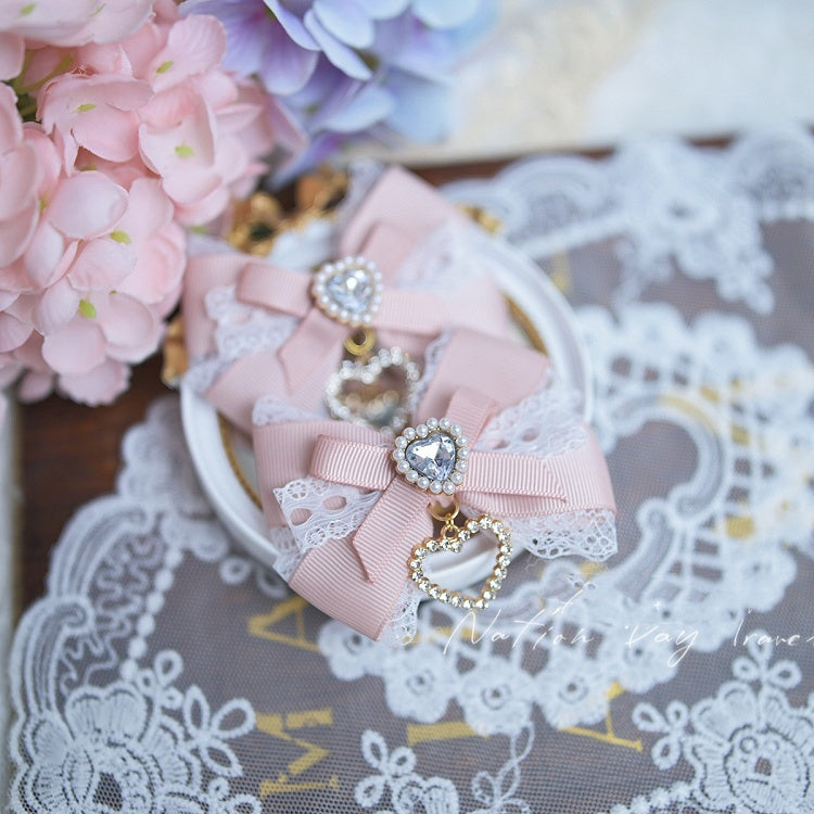Pink/Black Blue/Dusty White Heart Rhinestone Jirai Kei Bow Hairclips Light