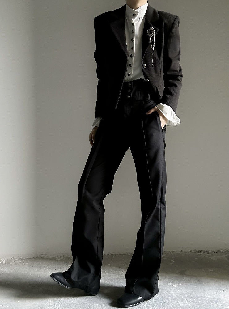 Waistband Straight-Leg Flare with Black High-Waisted Ouji Pants Vertical Lolita Buttoned