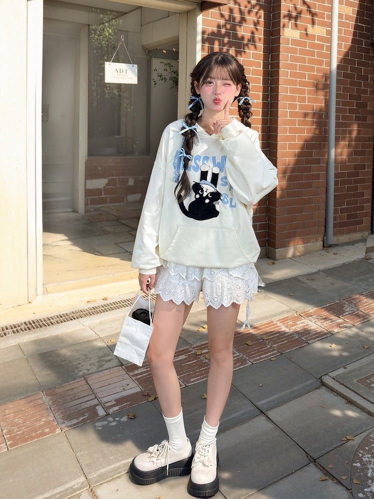 Printed Hoodie Loose Kitty Applique Beige