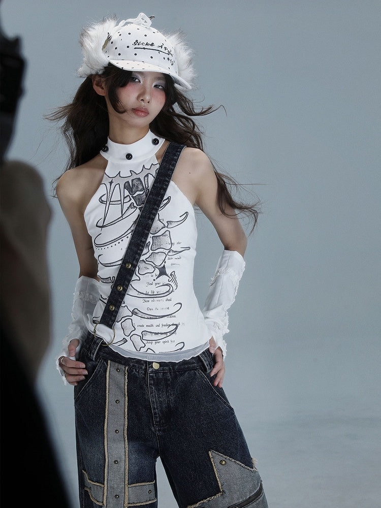 Details Print with Halter Bead Punk White Graphic Spine Top