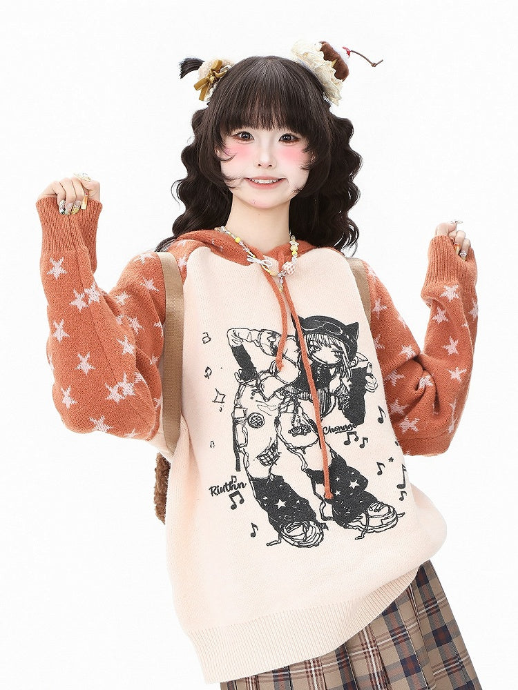 Orange Cartoon Kawaii - Pattern Pink/Green Sweater Girl and Star Drawstring Daily Hood
