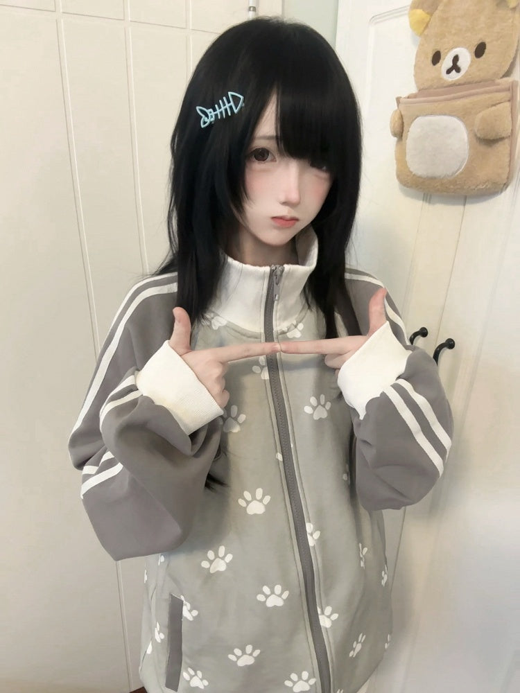 Prints Jacket Grey Cotton Themed Cat with Patch Paw