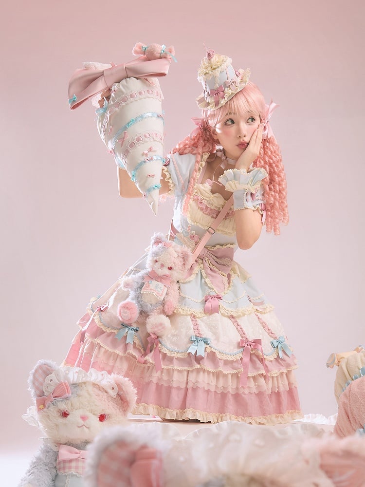 Sweet Blue Details Neckline Lolita Pink Dress Sleeves Square and Bowknot Puff