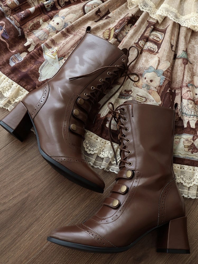 Retro Style Brown Lolita Mid-Calf Boots with Lace-up Detail & Buckle Accents - MODO