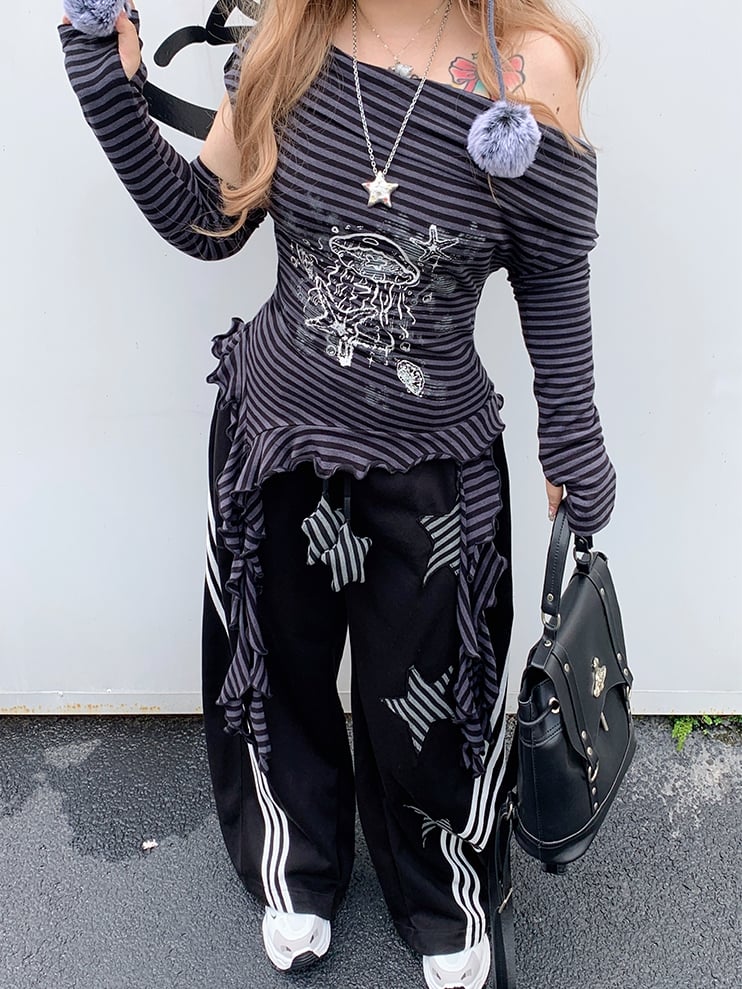 Size Black Wide-leg Casual Pants with Striped Star Appliques Plus Y2K