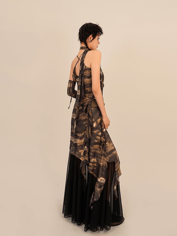 Tie-Dye Floor Length Coffee Punk Skirt with Black Mesh Lining