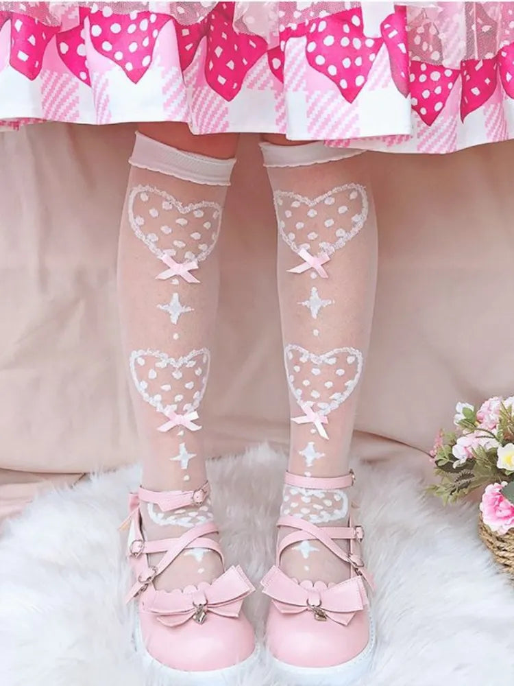 Pink Clearance-Sweetheart Strümpfe Muster Bowknot Details Weiß Knie Über