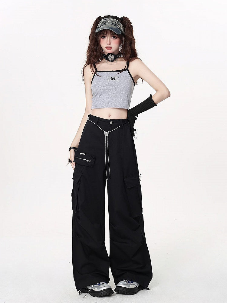 Pants Chain Wide-leg Black Techwear Waist with Cargo Butterfly