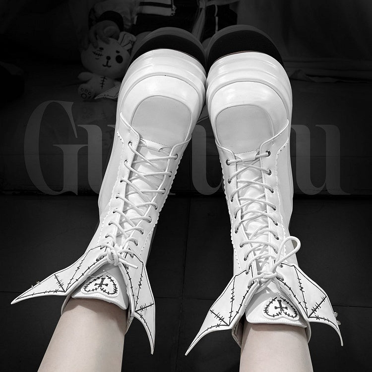 White Lace-up Design Boots Goth Bat Platform Tie Wings