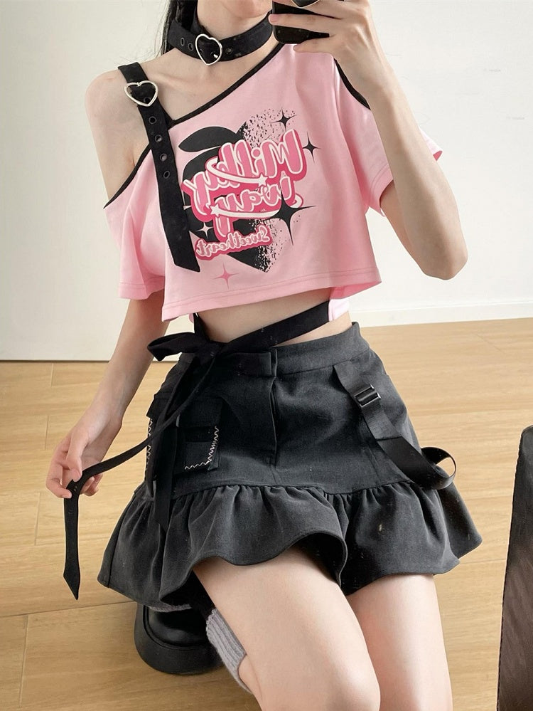 グレーデニムのフリルヘムスカート(ダークミニ)