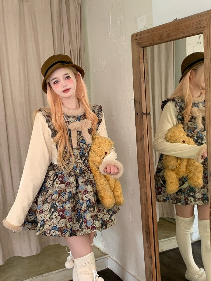 Dress with Plush Bowknot Faux Two-Piece Design Vintage Bear Print Brown