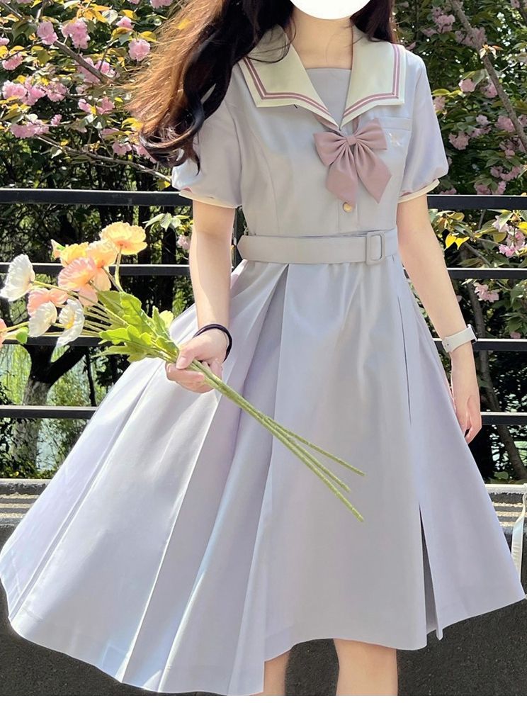 Light Purple Embroidered JK Uniform Sailor Dress - Walnut JK
