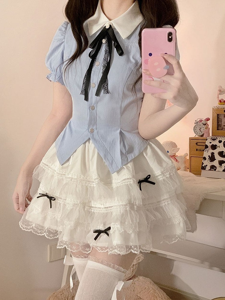 Shirt Puff Sleeves Blue Sweet Striped