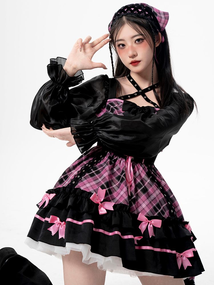 Neckholder-Rosa-Kariertes Langarm-Einteiler-Idol-Kleid