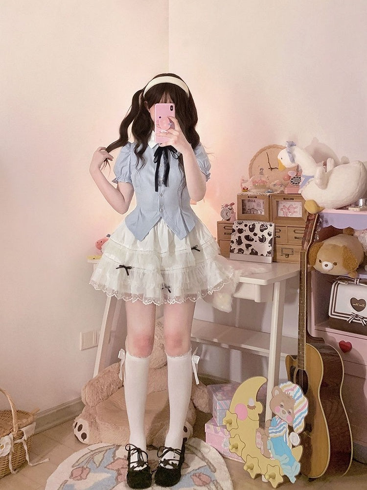 Bowknot Lace Trim Skirt Tiered Black White with Details