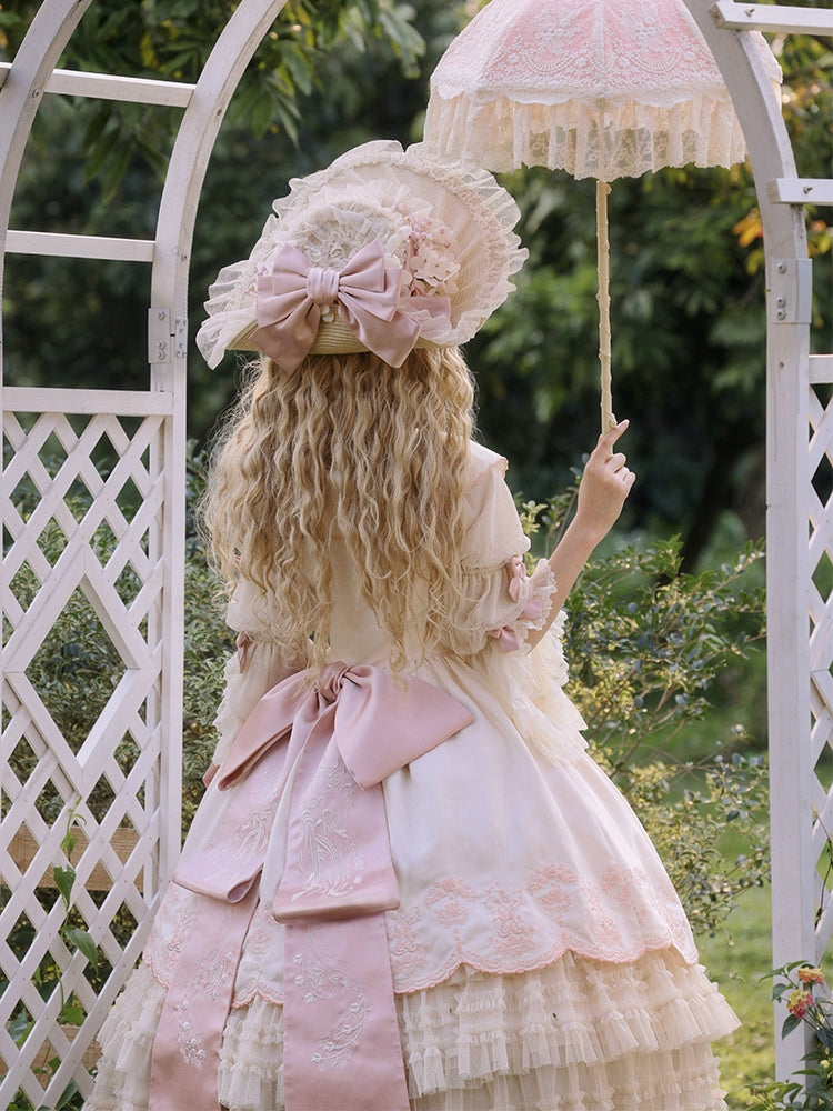 the Pink Lolita Embroidery Beige Classic with Elegant Valley of Lily Dress