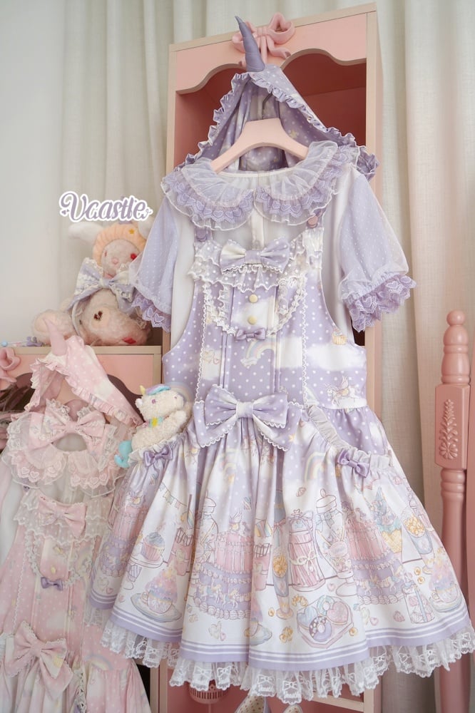 Süßes Lolita-Overallkleid mit abnehmbarer Kapuze und Einhorn und Dessert, Lila