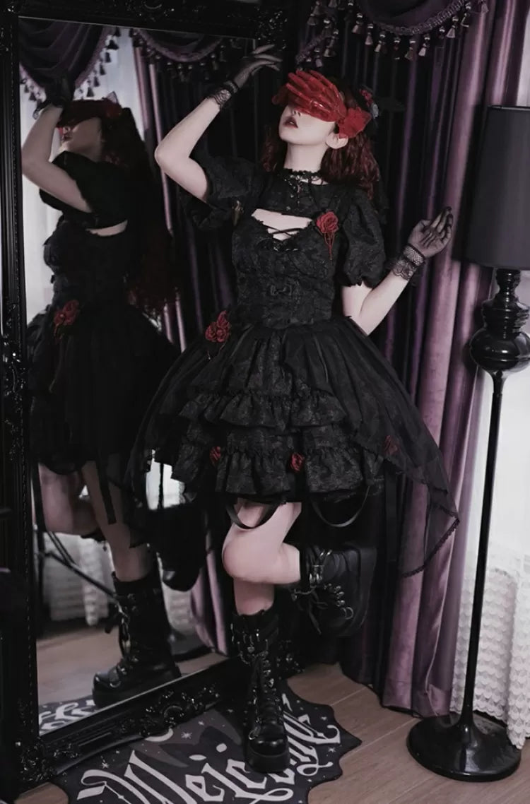Waist 59-76CM Clearance-Size Lolita Bleeding Black S Rose for Skirt Gothic