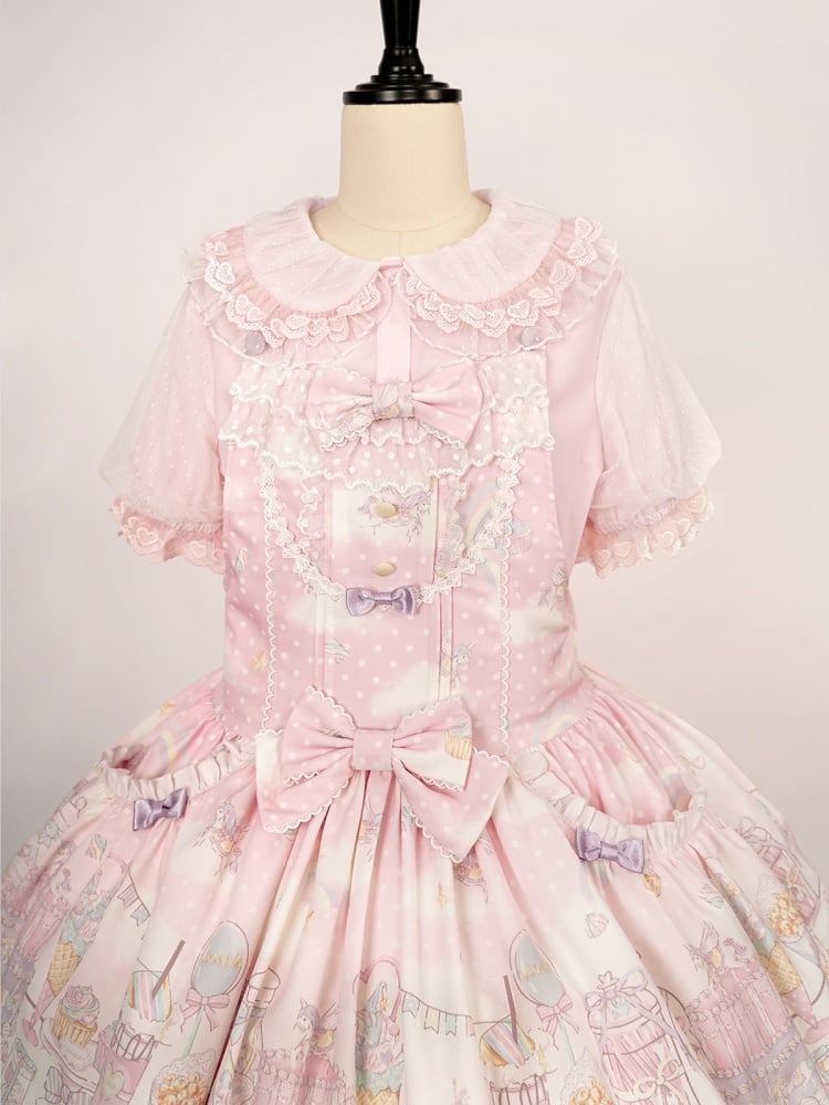 ピンクのフリルトリミングのピーターパンカラー半袖ブラウス