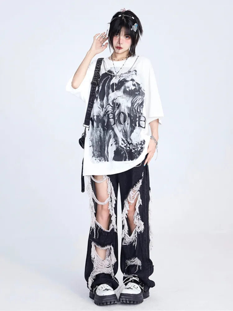 フリンジデザイン ダメージ加工 ロウ ブラックホールズ ジーンズ