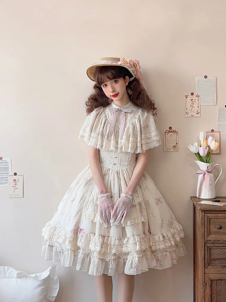 Kleid Lolita Klassisch Elegant Beige Glockenblumenhals Blumen Edward Print