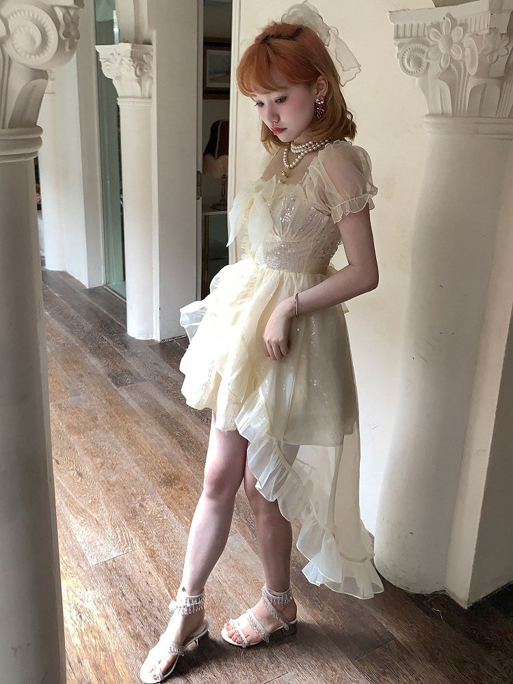 Dress with Tulle Train Beige Sequin-Embellished Square Neckline