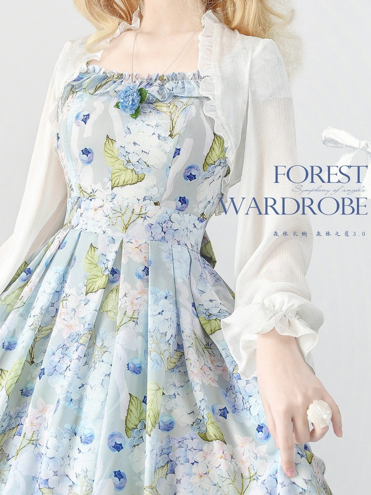 ブルーベリーと花柄のブルージャンパースカートドレス