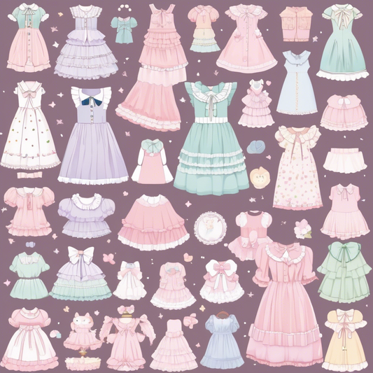 Illustrated kawaii dresses in pastel colors with ruffles and bows, set against a purple background, highlighting cute fashion styles.