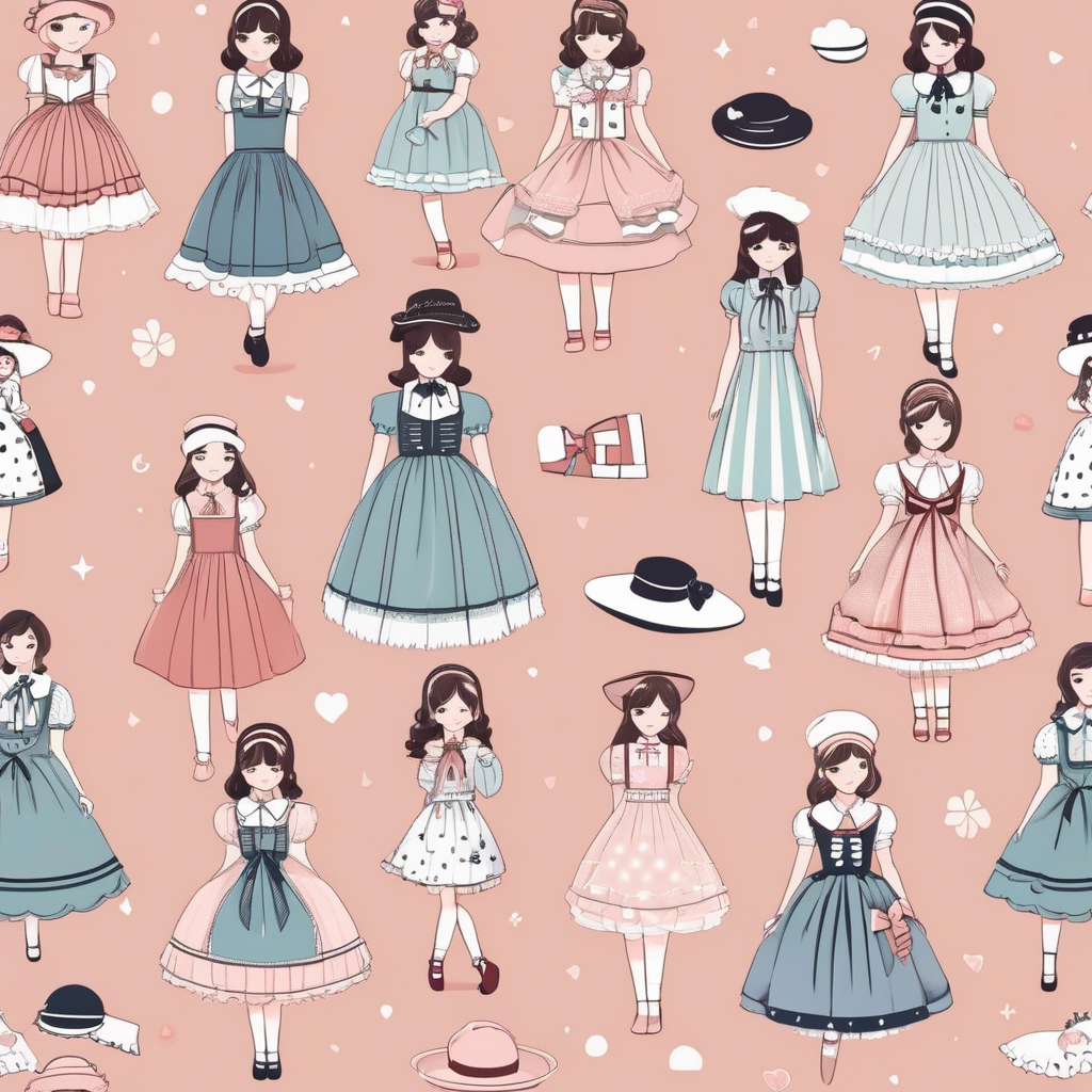 Illustrated kawaii dresses with bows and lace details on a peach background; features various cute styles, perfect for elevating fashion trends.