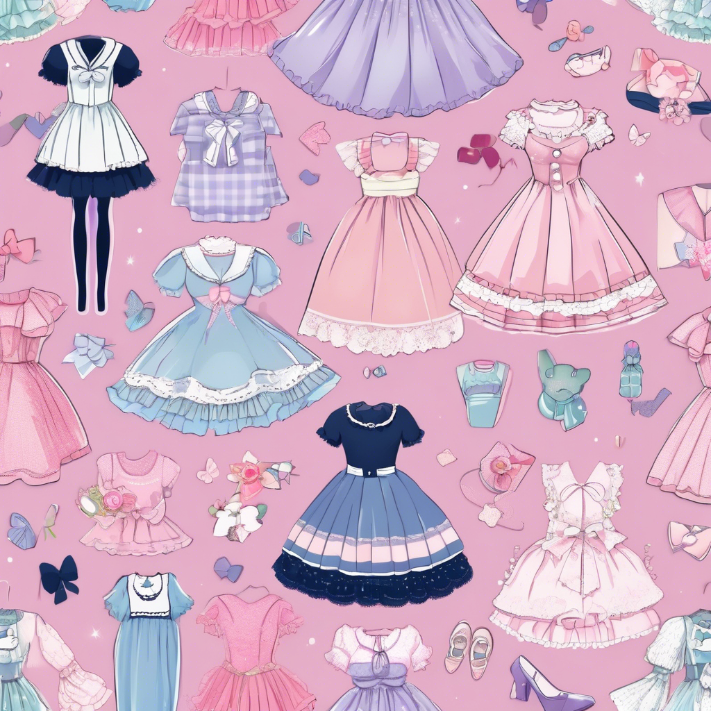 Illustrated collection of kawaii dresses featuring pastel colors, lace, and bows on a pink background, highlighting various cute styles.