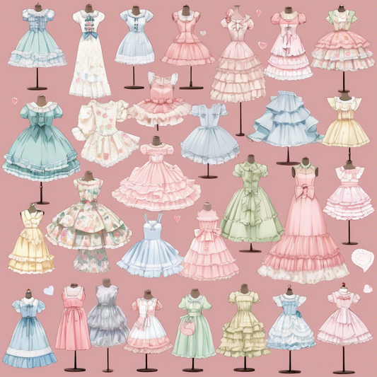 A variety of kawaii dresses in pastel colors, featuring frills, bows, and lace, displayed on mannequins against a pink background.
