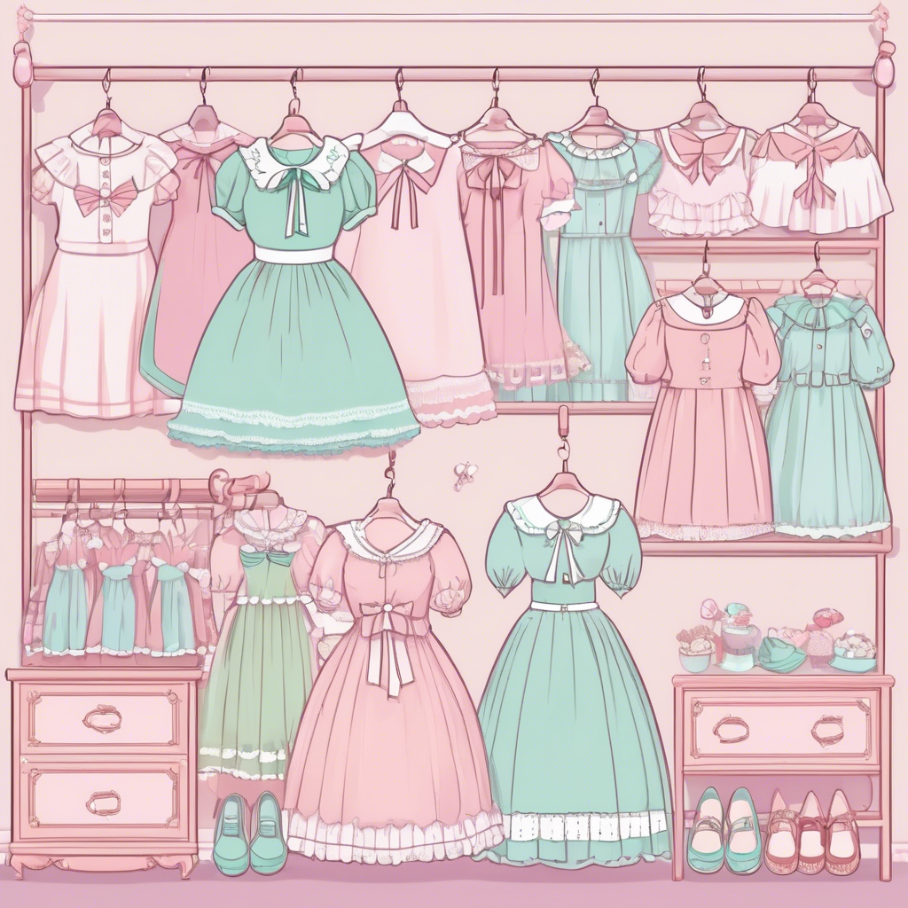 Kawaii dresses in pastel pink and mint hues hang neatly, featuring bows and lace accents, perfect for enhancing your cute wardrobe.
