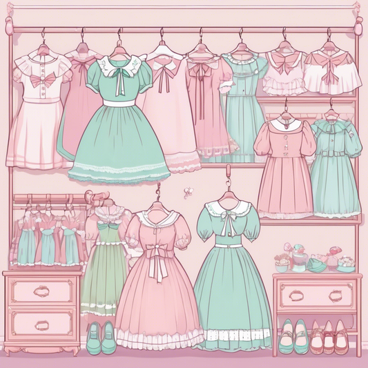 Kawaii dresses in pastel pink and mint hues hang neatly, featuring bows and lace accents, perfect for enhancing your cute wardrobe.