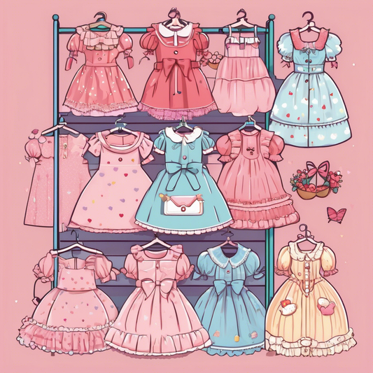 Colorful kawaii dresses on a rack, featuring pastel pink and blue tones, with cute patterns and bows, perfect for an adorable style upgrade.