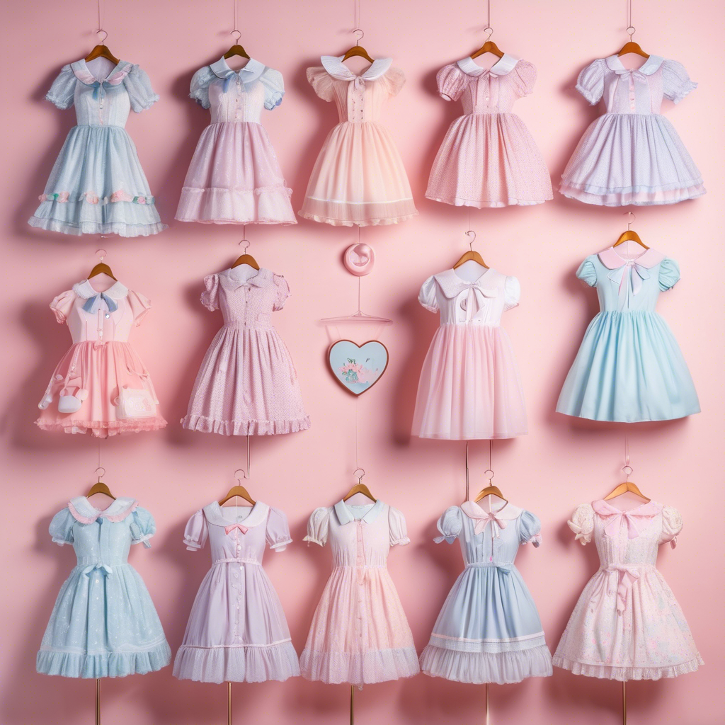 A collection of 15 pastel kawaii dresses with Peter Pan collars and puff sleeves, displayed on a pink wall, showcasing cute and charming styles.