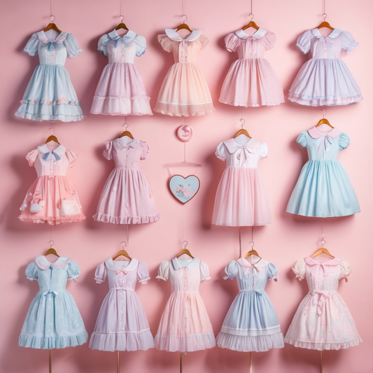 A collection of 15 pastel kawaii dresses with Peter Pan collars and puff sleeves, displayed on a pink wall, showcasing cute and charming styles.