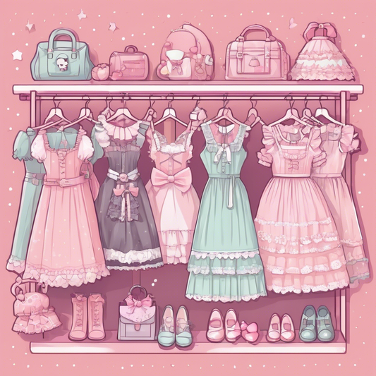 Cute kawaii dresses in pastel pink and mint, adorned with lace and bows, hang alongside matching shoes and accessories on a pink background.