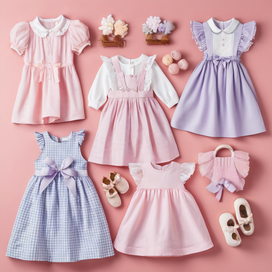 Assorted kawaii dresses and shoes in pastel shades on a pink background, featuring ruffles, bows, and lace details to elevate your wardrobe.