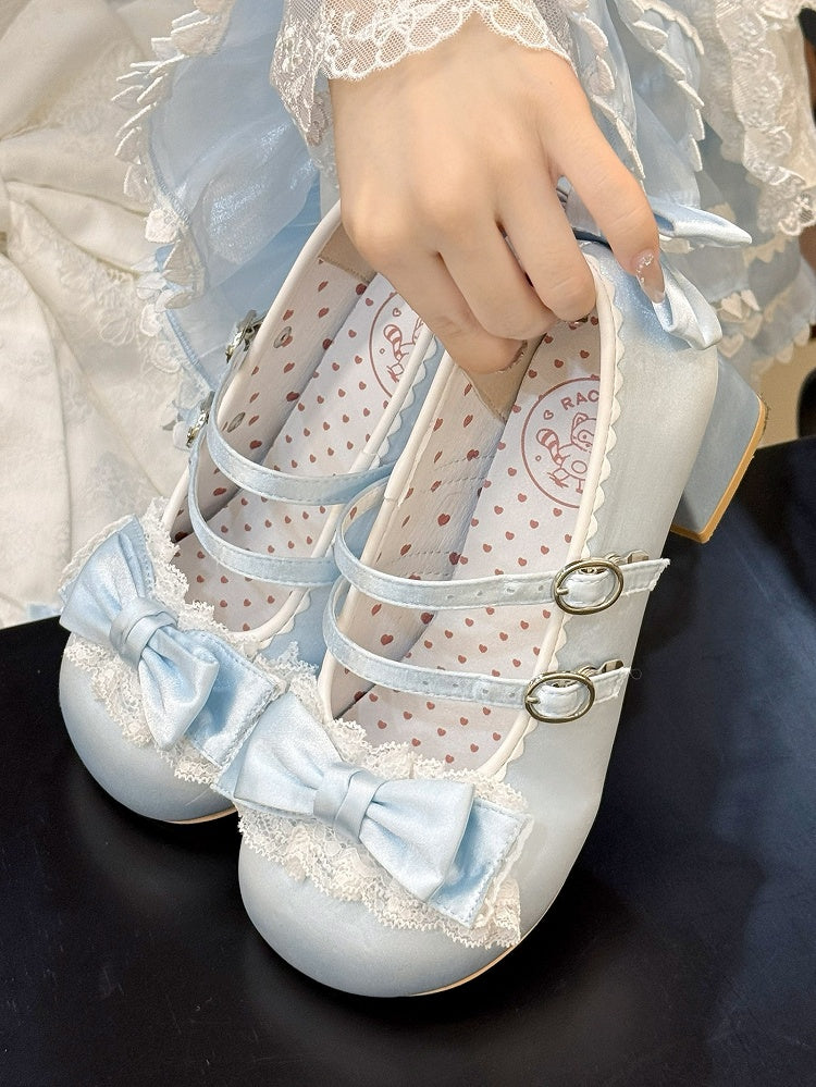 Toe Blue Shoes Sweet with Lolita - Ruffle Round Lace Mid-heel
