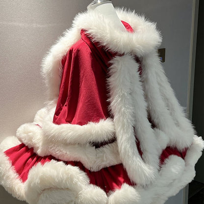 Christmas Red Winter Hooded Cape with Oversized Plush Bunny Ears